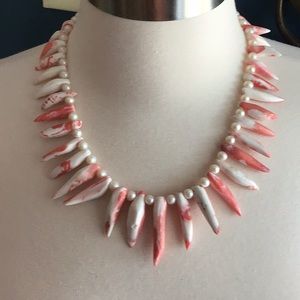 Handmade polished spiny oyster and pearl necklace